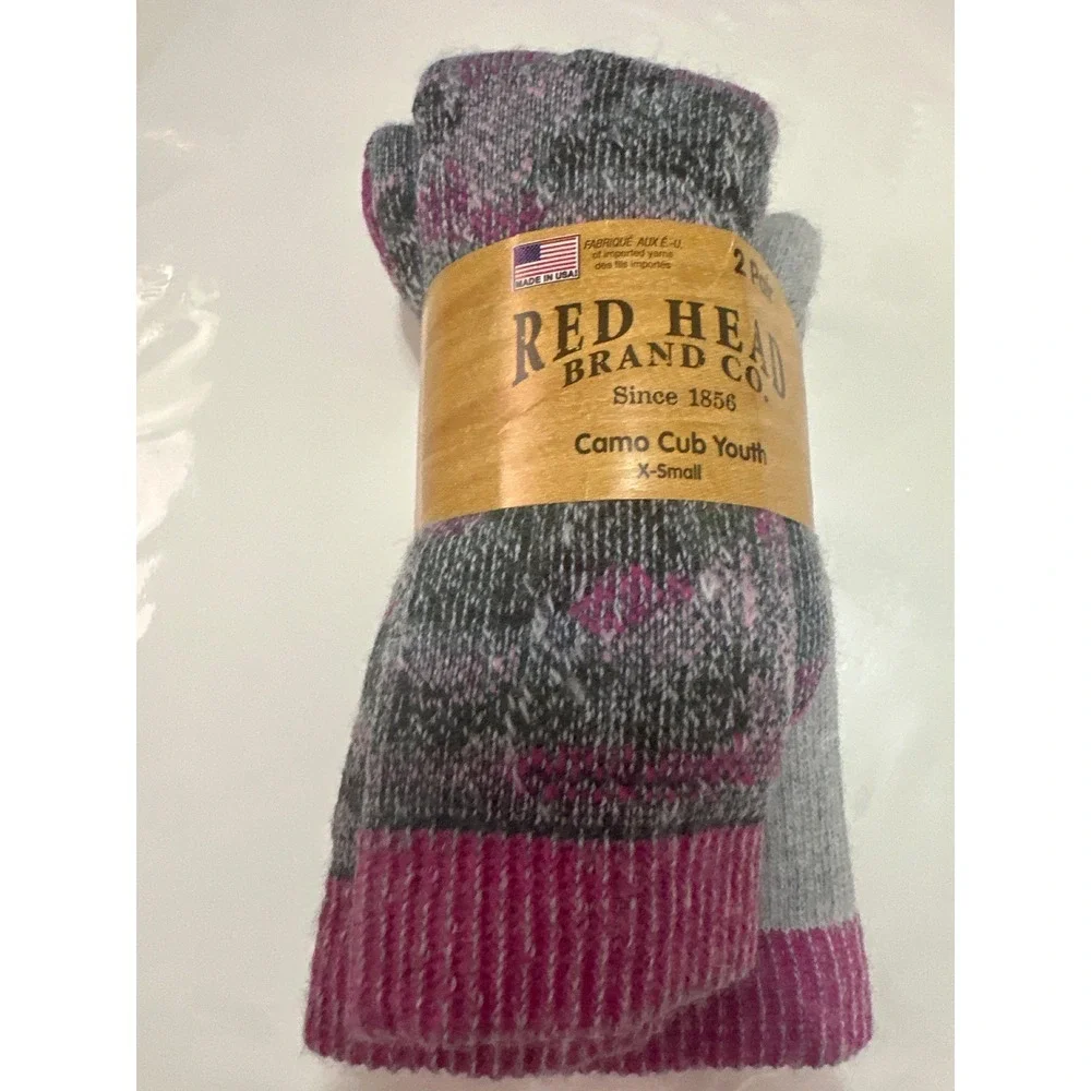 NWT Red Head Camo Cub Youth Socks X-Small Wool Blend Pink Gray 2 Pair New